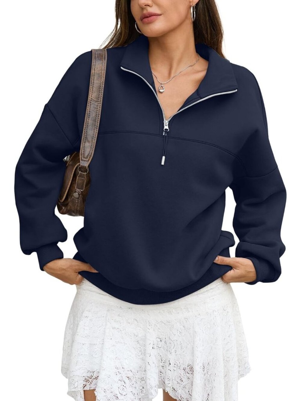 🆕Women's Navy Blue Fleece Quarter Zip Pullover Oversized Long Sleeve Sweater